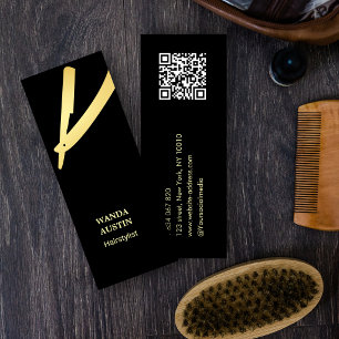 Cartão De Visita Mini Cabeleireiro Elegante Chique Faux Ouro Navalha Qr