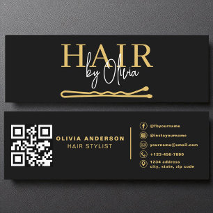 Cartão De Visita Mini Cabelo Dourado QR preto Estilista Preta