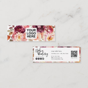 Cartão De Visita Mini Código QR Aquarela Floral Borgonha Outono