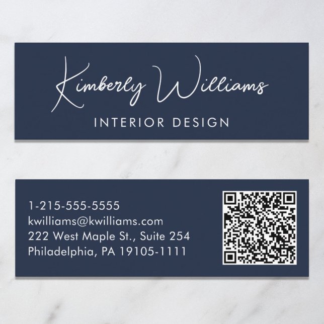 Cartão De Visita Mini Código QR de Script Moderno Profissional Azul (Criador carregado)