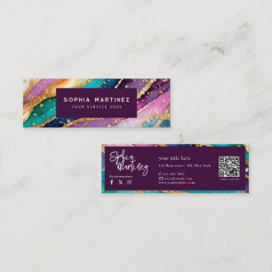 Cartão De Visita Mini Código QR & Logotipo Elegante Arco-íris Ágata dour
