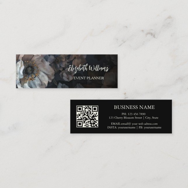 Cartão De Visita Mini Código QR | Rosa Branca Preta (Frente/Verso)