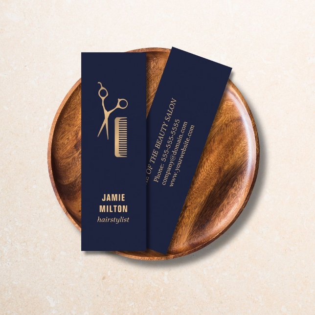 Cartão De Visita Mini Comb de Tesoura Dourada Azul Elegante Moderno (Criador carregado)