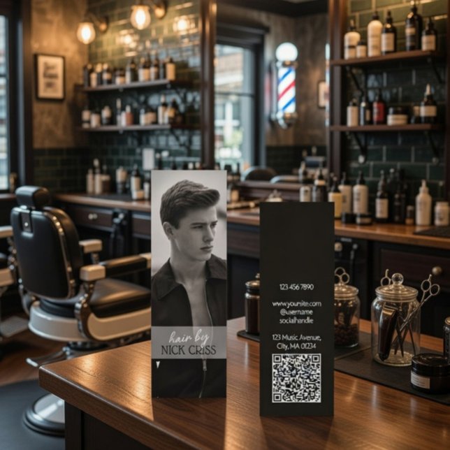 Cartão De Visita Mini Custom Barber Contact Card with QR Code (Criador carregado)