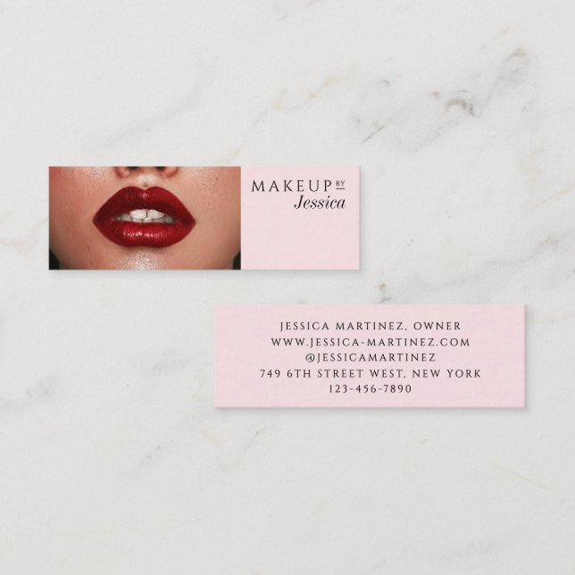 Cartão De Visita Mini Elegant Blush Pink Typography Photo Makeup (Frente/Verso)