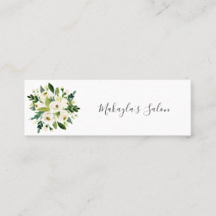 Cartão De Visita Mini Elegante Rosas de aquarela branca e verde