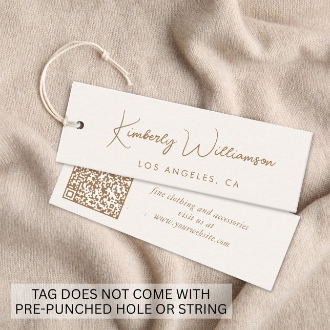 Cartão De Visita Mini Elegante rótulo de roupa com código QR dourado e c (Empower your name in our signature script as your logo and brand identity)