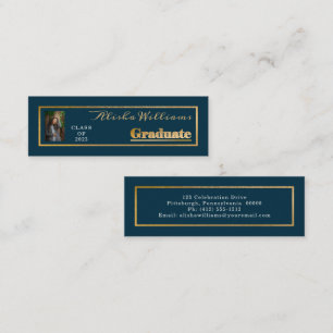 Cartão De Visita Mini Elegante Texto Dourado Graduado Foto Dk Azul Turqu
