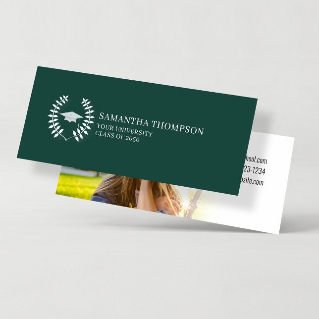 Cartão De Visita Mini Formando Name Card Photo Dark Green and White (Graduation simple name card with photo template in Dark Green school color theme.)