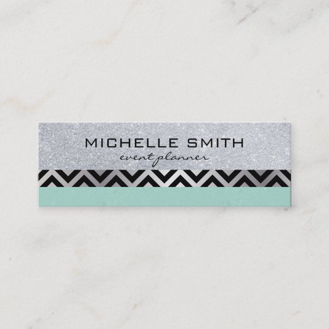 Cartão De Visita Mini Glitter com Padrão de Chevron Silver Verde (Frente)