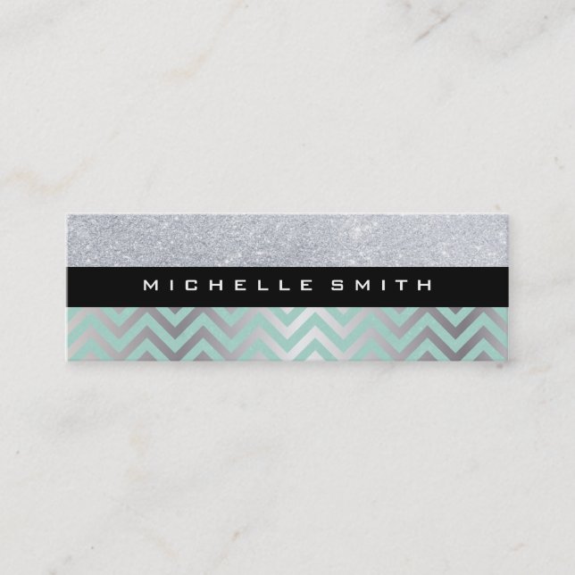 Cartão De Visita Mini Glitter com Padrão de Chevron Silver Verde (Frente)