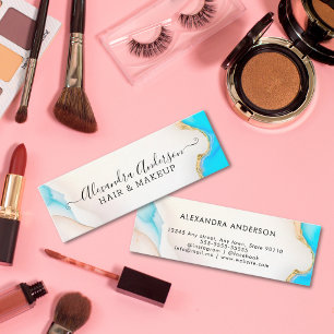 Cartão De Visita Mini Luxury Aqua e Dourado Marble Holographic Salon