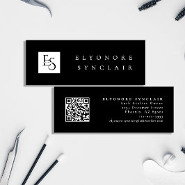 Cartão De Visita Mini Minimal Black White Script Lash Logo Qr Code