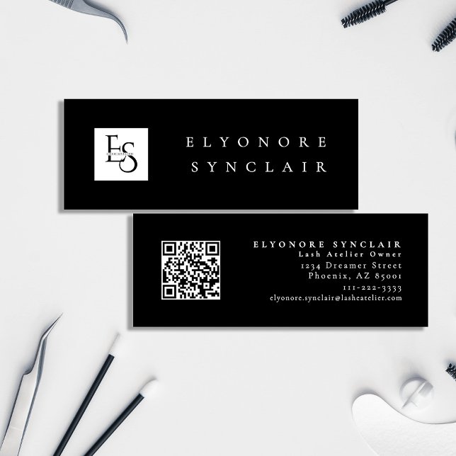 Cartão De Visita Mini Minimal Black White Script Lash Logo Qr Code (Criador carregado)