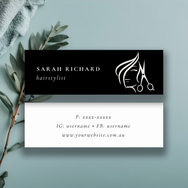 Cartão De Visita Mini Mínimo de Hairstylist Tesoura Preta e Cabelo Branc (Criador carregado)