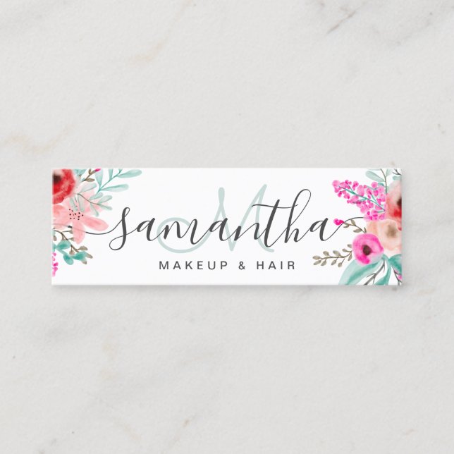 Cartão De Visita Mini Monograma Moeda cor-de-rosa buquê aquarela (Frente)