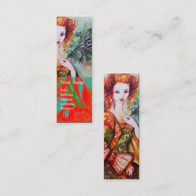 CARTÃO DE VISITA MINI MULHER ROMÂNTICA COM PEACOCK PENA ESPUMANTE (Frente/Verso)