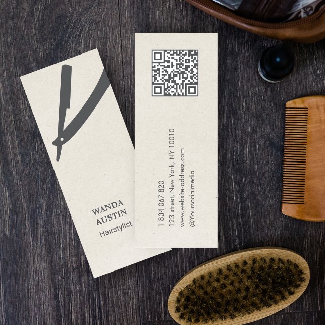Cartão De Visita Mini Navalha de Cabeleireiro Biege Rustic Kraft Código  (Criador carregado)