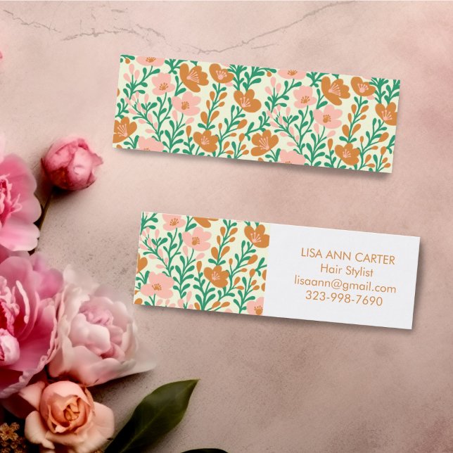 Cartão De Visita Mini Padrão Botânico Floral Bonito Rosa e Verde (Floral pattern mini custom business cards )