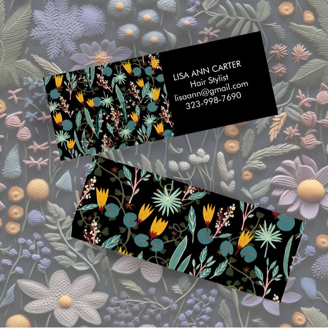 Cartão De Visita Mini Padrão Botânico Floral do Jardim Noturno Preto (Night Garden Floral Botanical Pattern Black Mini Business Card
)