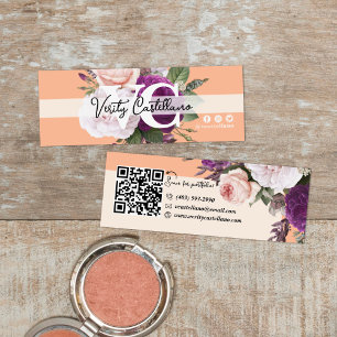 Cartão De Visita Mini Peach Vintage Rosa Floral Moderno QR Pessoal