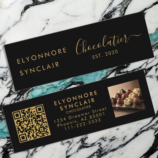 Cartão De Visita Mini Premium Black Gold Script Chocolatier QR Code (Criador carregado)