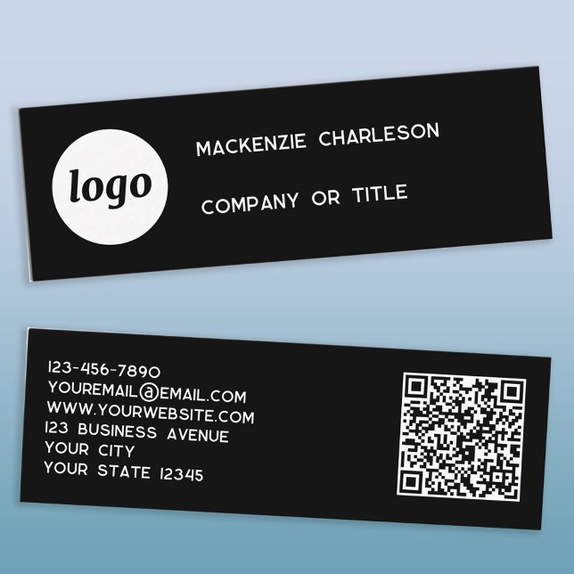 Cartão de Visita Mini Preto Simples com Logotipo e (Logo QR code and text custom business card)