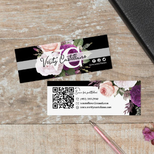 Cartão De Visita Mini Rosa Floral Moderno, QR Preto e Branco