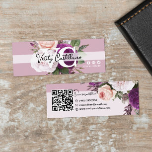 Cartão De Visita Mini Rosa Floral Vintage Mauve Empoeirado QR Pessoal Si