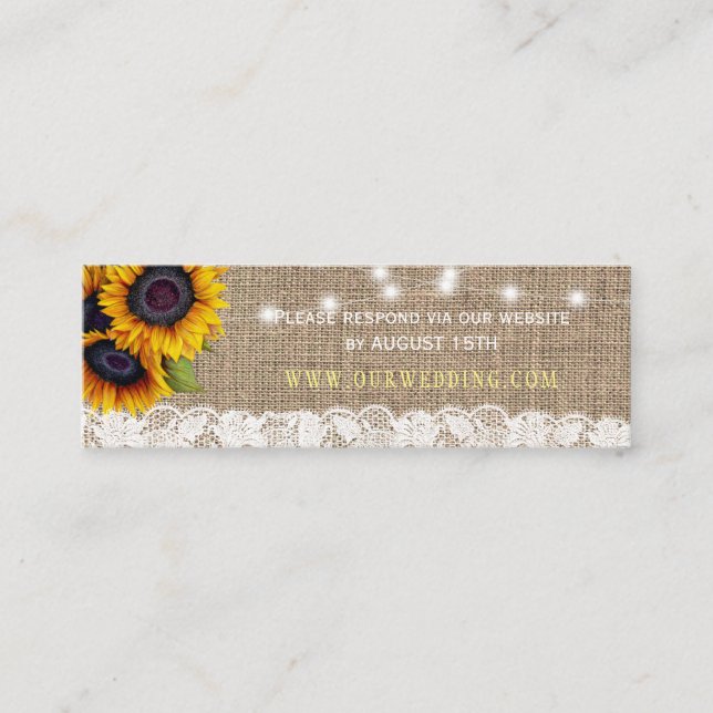 Cartão De Visita Mini RSVP — Site de casamento Russo Burlap sunflower (Frente)