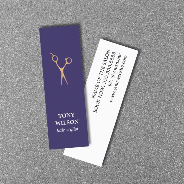 Cartão De Visita Mini Salão de Tesoura Dourada Azul Elegante Moderno (Criador carregado)