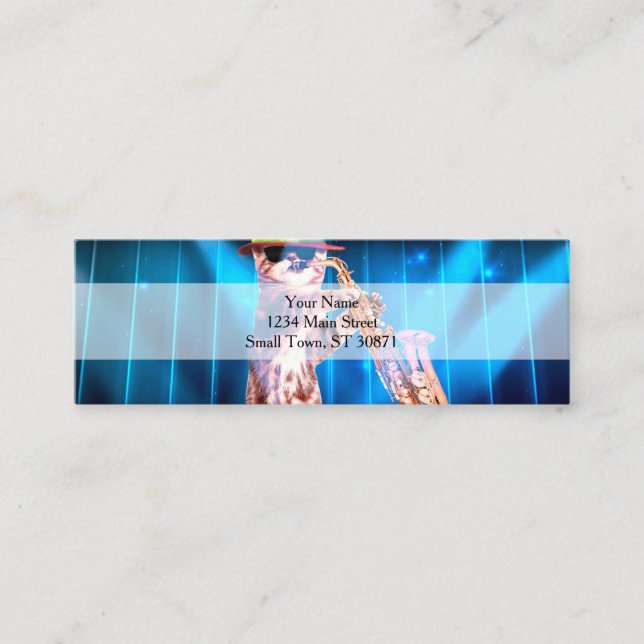 Cartão De Visita Mini Saxofonista de Gato Bonito (Frente)