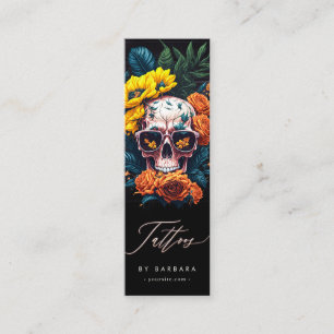 Cartão De Visita Mini Tatuagem Moderna Crânio Rosas de girassol