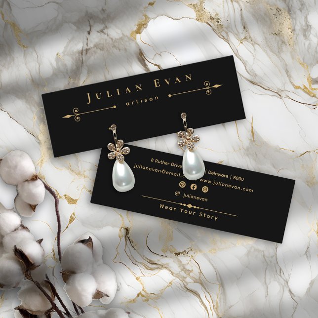 Cartão De Visita Mini Tela de Joias Douradas Celestiais Pretas (Celestial Black Gold Jewelry Earring Display Mini Business Card)