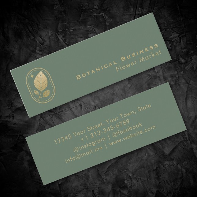Cartão De Visita Mini Verde Botânico Mínimo Dourado Elegante (Elegant Gold Leaf Minimal Botanical Green Mini Business Card)