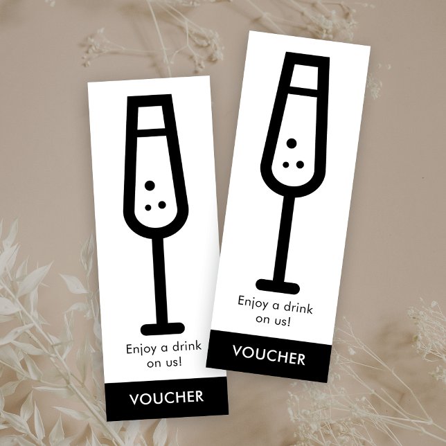 Cartão De Visita Mini Voucher de Evento Branco Negro Minimizado (Modern free drinks voucher in black & white design featuring a bubbly glass on the front)