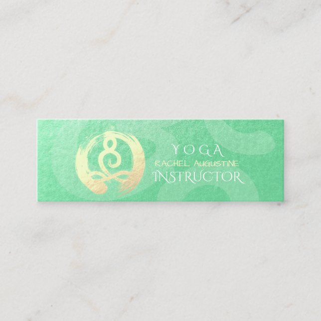 Cartão De Visita Mini Yoga Instrutor Green Dourado Meditação ZEN OM (Frente)