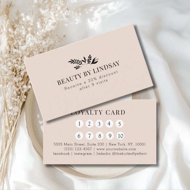 Cartão De Visita Minimal Beige Botanical Salon Loyalty (Minimal Beige Botanical Custom Salon Loyalty Business Card)
