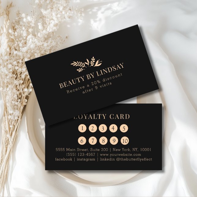 Cartão De Visita Minimal Black Botanical Salon Loyalty (Minimal Black Botanical Custom Salon Loyalty Business Card)