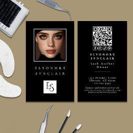 Cartão De Visita Minimal Black White Script Lash Photo Logo QR