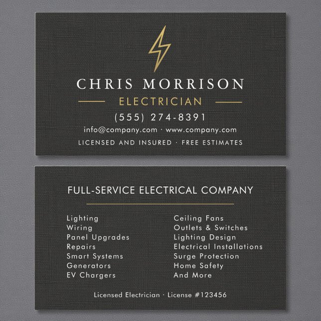 Cartão De Visita Minimal Electrician Black Gold Linen (Criador carregado)