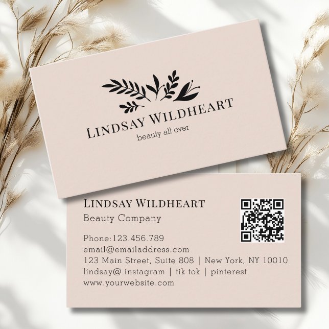 Cartão De Visita Minimal Floral Beige-Blush Botanical  QR Code (Minimal Floral Beige - Blush Botanical Beauty QR Code Business Card)