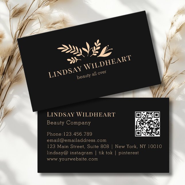 Cartão De Visita Minimal Floral Black Botanical Beauty QR Code (Minimal Floral Black Botanical Beauty QR Code Business Card)