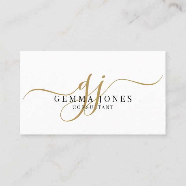 Cartão De Visita Minimal Gold Script Monogram Consultant (Frente)