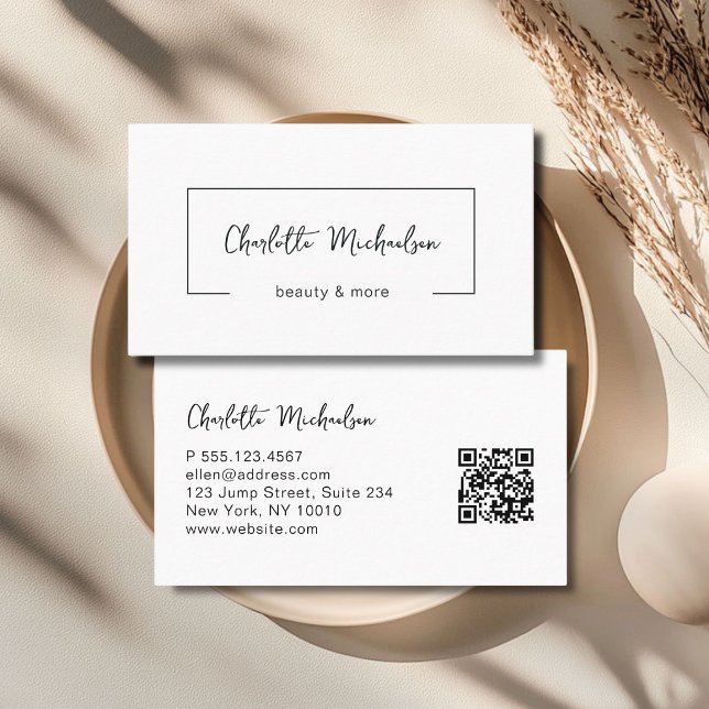 Cartão De Visita Minimal Handwriting White QR Code (Minimal Handwriting White QR Code Business Card)