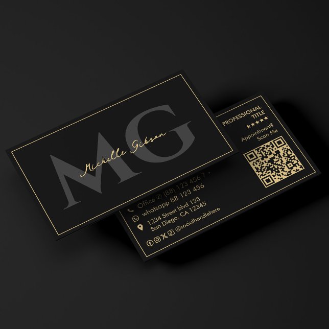 Cartão De Visita Minimal Inicial Preto Script Profissional  (Minimal Initials Black Script Professional Business Card
)