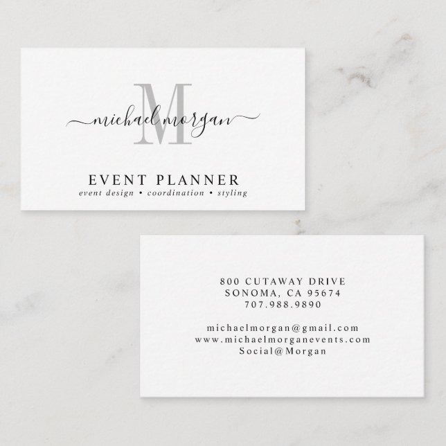 Cartão De Visita Minimal Script Monogram Event Planner (Frente/Verso)