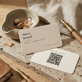 Cartão De Visita Minimal Warm Beige Linen Texture QR Code Freelance
