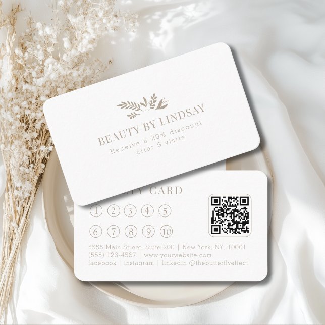 Cartão De Visita Minimal White Botanical Salon QR-Code Loyalty (Minimal White Botanical Salon QR-Code Loyalty Business Card)