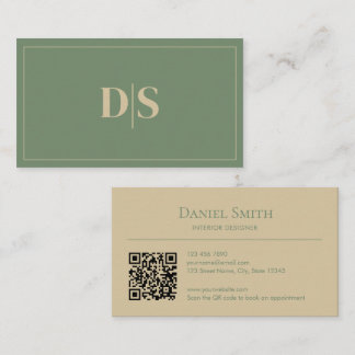 Cartão De Visita Minimalist Beige Muted Green Initials QR Code